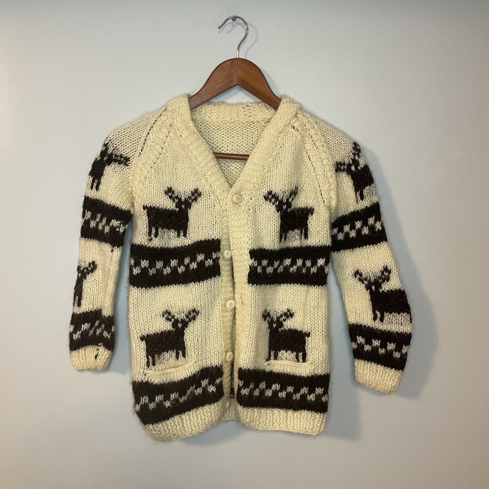 Hand Knitted‎ Unbranded Reindeer Christmas Winter Cardigan Youth Size M